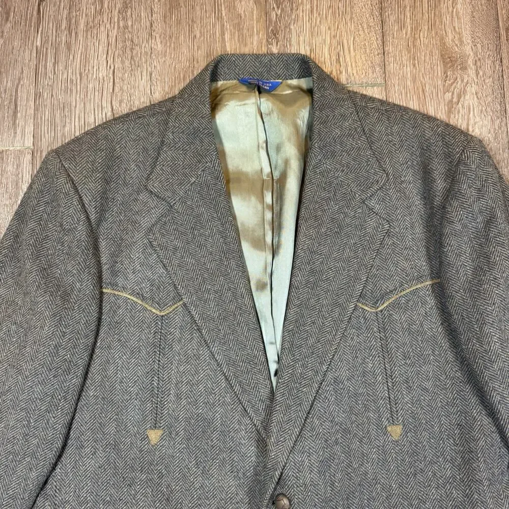 Pendleton Blazer Mens 46 Gray Herringbone Tweed Western Sport Coat